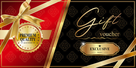 Elegant Gift Voucher Template with Golden Ribbon and Red Ornament