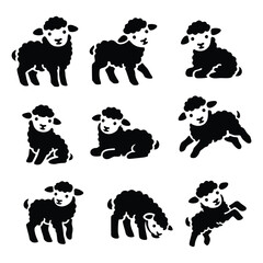 Set of Cute Black Sheep Silhouettes and Lamb Poses Vector © nfdesign