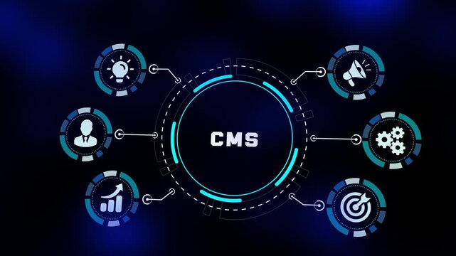 Digital content management system CMS concept with abstract technology icons on a professional blue background for web administration.
