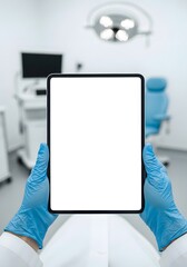 Surgeon Hands in Blue Gloves Holding Digital Tablet with Blank Screen in Modern Medical Clinic Room