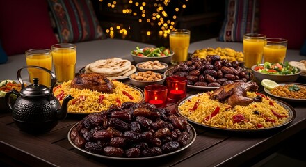 Obraz premium A delicious spread of middle eastern cuisine on a table with dates, rice, and orange juice