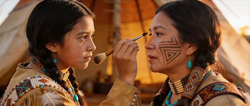 Native American mother daughter child woman family face paint tribal pattern tradition teepee connectioneering tender sunset ritual celebrates cultural heritage and bonding moment through steady hand
