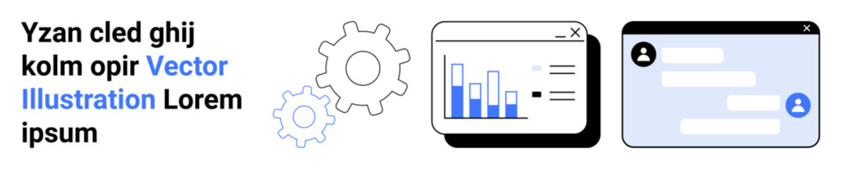 Fototapeta premium Business analytics, technology interface, communication tools, productivity, digital teamwork, workflow. A gear, bar graph and chat windows. Business analytics and technology interface concept
