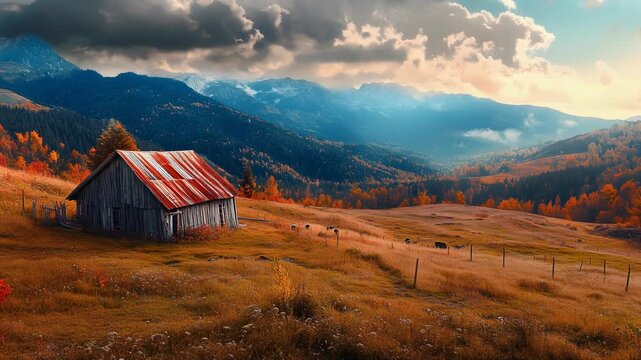 A weathered barn sits in a fall-colored meadow, overlooking vast mountains under a cloudy sky