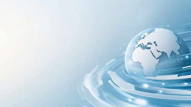 Abstract globe with swirling digital arrows around earth, symbolizing global connection and technology in bright blue background