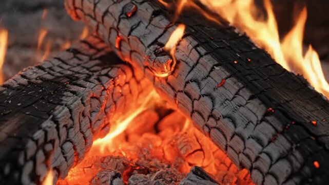 Close-up view of burning logs in a campfire, showing bright orange flames and glowing red embers.