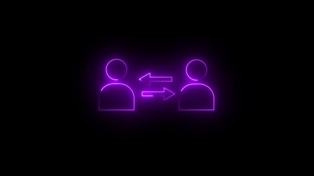 Neon Purple of Two People Communicating with Double Sided Arrows on Black Background communication symbols
