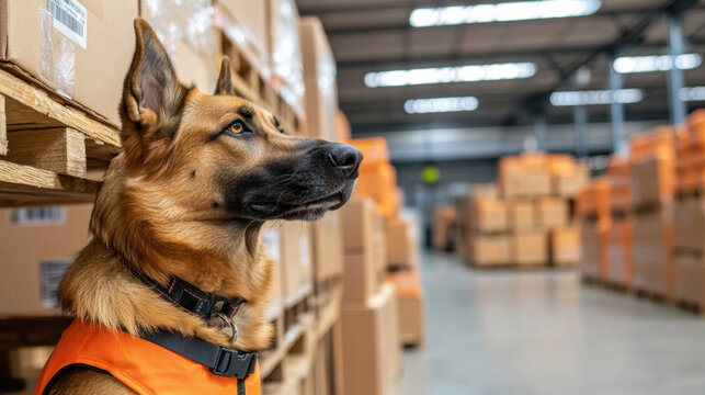 Detection dog sniffing pallet of boxes in warehouse with focused expression and organized storage environment