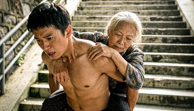 Shirtless man muscular back carrying elderly woman on outdoor staircase, strong grandson support and family care, compassion and connectioneering emotional scene, human relationships and strength