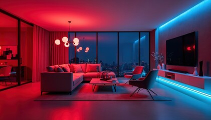 Modern Interior in Neon Lights: A stylish living room is bathed in the captivating glow of red and blue neon lights.