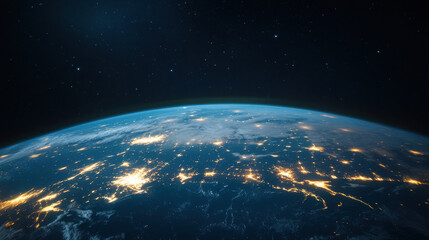 Obraz premium Earth at night with glowing city lights and starry sky, showing beautiful view of illuminated urban areas and natural clouds