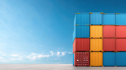 Fototapeta premium Stack of colorful shipping containers in red, blue, and yellow stacked outdoors under clear blue sky with scattered clouds