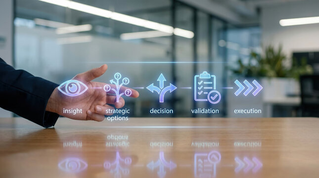 Insight strategic options decision making validation execution business strategy management for planning a digital transformation and data-driven corporate success in a modern office.