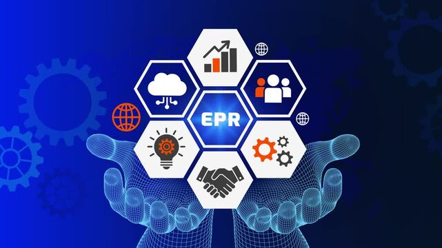 EPR environmental policy framework motion graphic with cloud computing and global network symbols. Extended Producer Responsibility EPR concept with digital business icons and wireframe hands