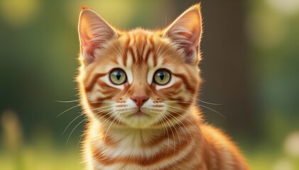 Golden-hued feline Portrait: A captivating portrait of a ginger cat, its eyes gleaming with curiosity and charm, is set against a serene backdrop of soft, blurred foliage.