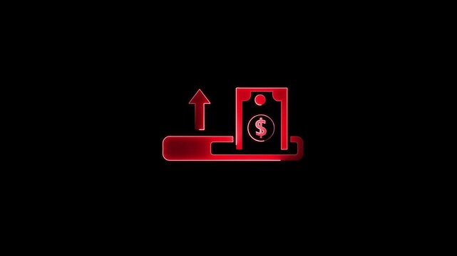 Red neon dollar bill with upward arrow on black background symbolizing financial growth and investment