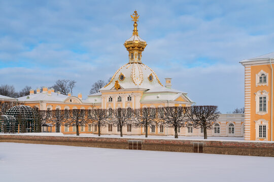 Saint Petersburg, Russia, February 16, 2025: View of the Special Treasure Museum building in the western wing of the Great Peterhof Palace, named "The Building under the Coat of Arms" on a winter day