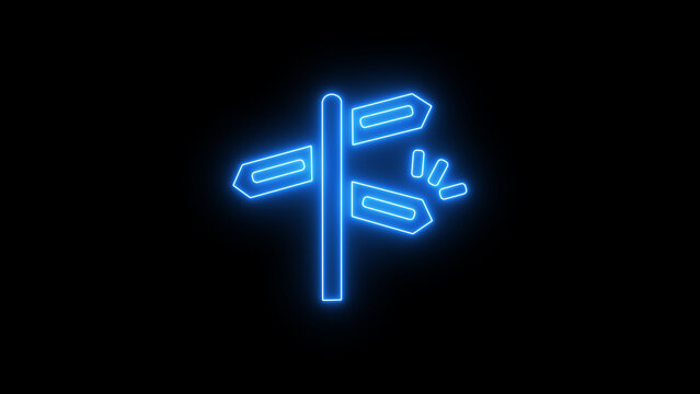 glowing blue neon signpost with multiple arrow directions indicating choice and decision making on a dark background