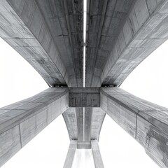Underside view of a gray concrete overpass, symmetrical lines reaching upwards