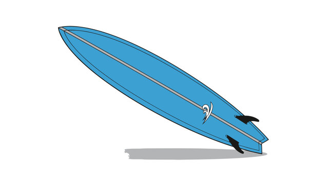 Stylized illustration of a blue surfboard with fins viewed from an angle