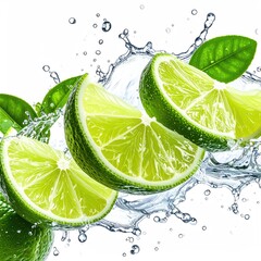 Three lime slices and leaves with splashing water, white background