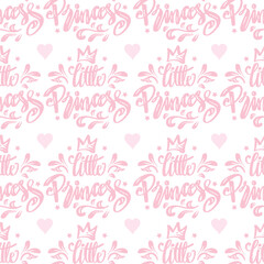 Seamless pattern with hand lettering little princess  and  hearts. Vector illustration.