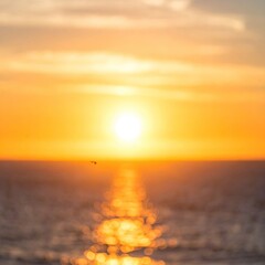 Golden sunset reflecting on ocean water, blurred background