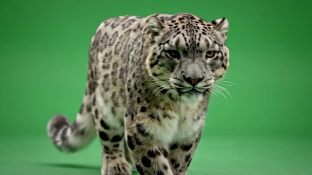 A majestic snow leopard with spotted fur walks towards the camera against a vibrant green screen background.