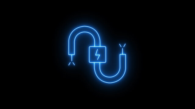 glowing blue neon electric power cord symbol with lightning bolt icon on a dark black background representing energy connection and technology