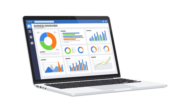 Laptop displaying a colorful business dashboard with various charts and graphs
