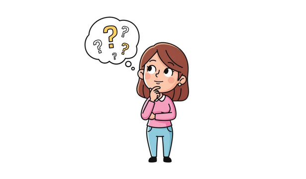 A cartoon woman with a thought bubble full of question marks