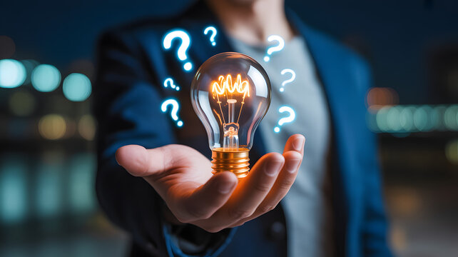 Man in suit holding glowing light bulb with question marks surrounding it in a dark background with city lights