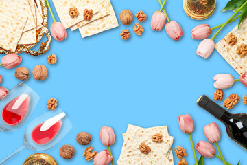 Decorative arrangement of matzo, wine, tulips, and walnuts © Atlas