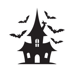 Fototapeta premium black silhouette of a haunted house with flying bats on white background