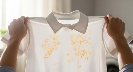 White polo shirt with visible stains held by hands in a well-lit room, showcasing dirt and grime on the fabric against a blurred background