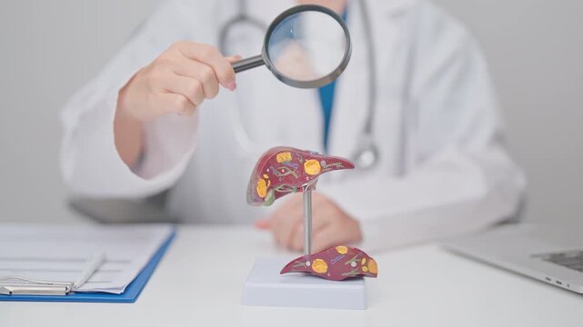 Doctor with human Liver anatomy model. Liver cancer and Tumor, Jaundice, Viral Hepatitis A, B, C, D, E, Cirrhosis, Failure, Enlarged, Hepatic Encephalopathy, Ascites Fluid in Belly and health concept