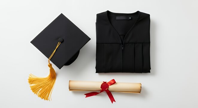 Flat lay of folded graduation gown with cap and scroll on white background
