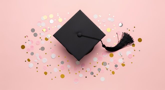 Flat lay of graduation cap and confetti soft pink background clean modern celebration concept