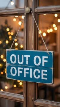Out of Office Sign Hanging on Wooden Door with Warm Holiday Lights Background