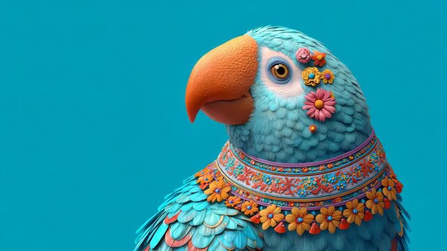Decorated Parrot Stock Video on Blue Background
