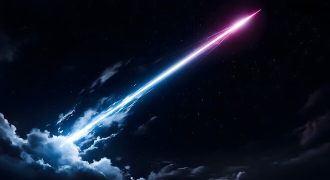 A rocket ship soaring through the night sky with vibrant blue and pink lights
