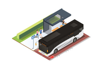 Isometric vector  bus stop with a black bus waiting for passengers. People waiting for the bus,  Illustration in White Isolated 