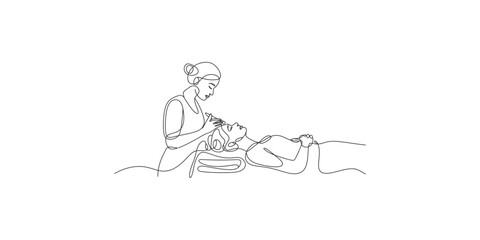 Obraz premium A minimalist line art illustration showing a therapist giving a head massage to a client lying down