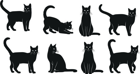 Black cat silhouettes collection, different poses and playful actions isolated on white background, domestic feline illustration set © Mehedi