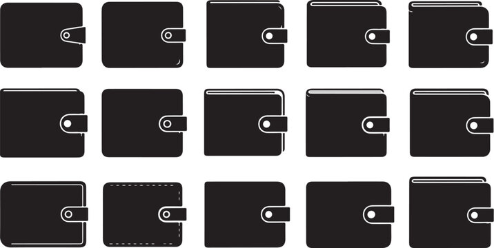 Collection of various black leather wallets on white background