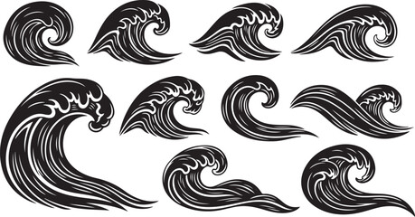 Fototapeta premium Set of black and white wave illustrations on white