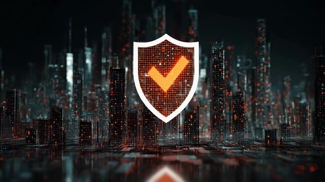 Cyber Security Check Mark Shield over Digital City Stock Video