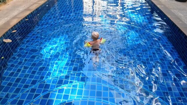 A boy learns to swim in the pool, wearing bright armbands. Summer holidays, safety, children's recreation, top view.
