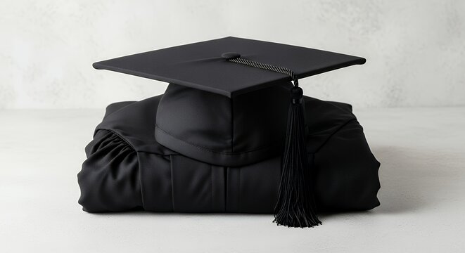 A folded black academic robe and cap with a tassel laid flat on a light background