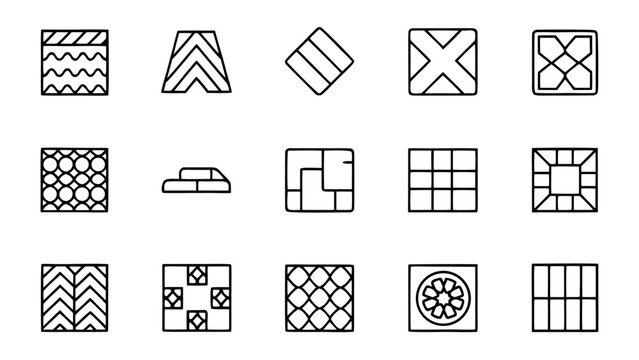 Collection of fifteen black and white line icons representing various floor tiling and paving patterns